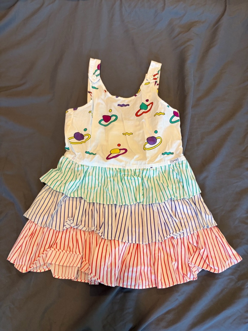 Vintage Esprit Kids Multicolor Planet Print Tiered Stripe Ruffle Dress